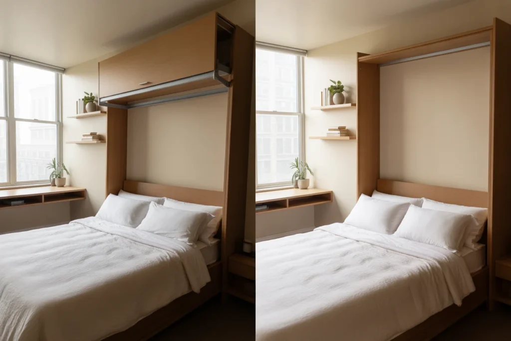 Murphy bed open and closed comparison in a small bedroom