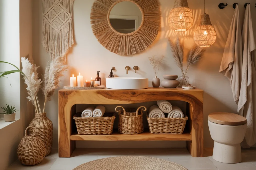 Natural Wood Vanity with Boho Warmth