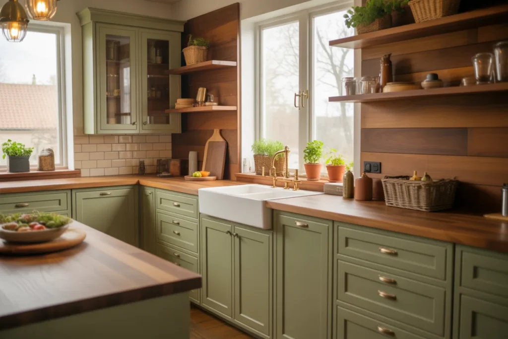 Green Cabinets With Wood Accents Natural Style