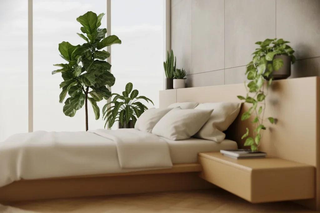 indoor plants minimalist bedroom, fresh natural decor,