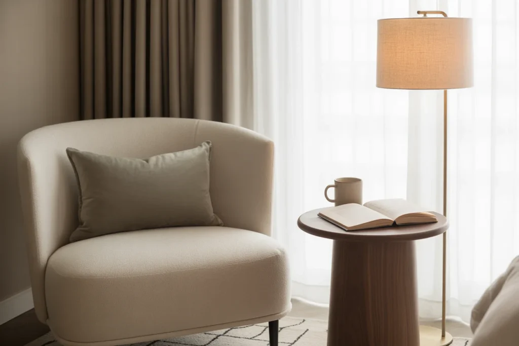 minimalist bedroom reading corner, cozy chair.