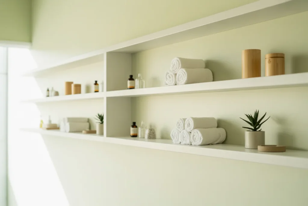 Minimal Shelving Organized Spa Room Storage