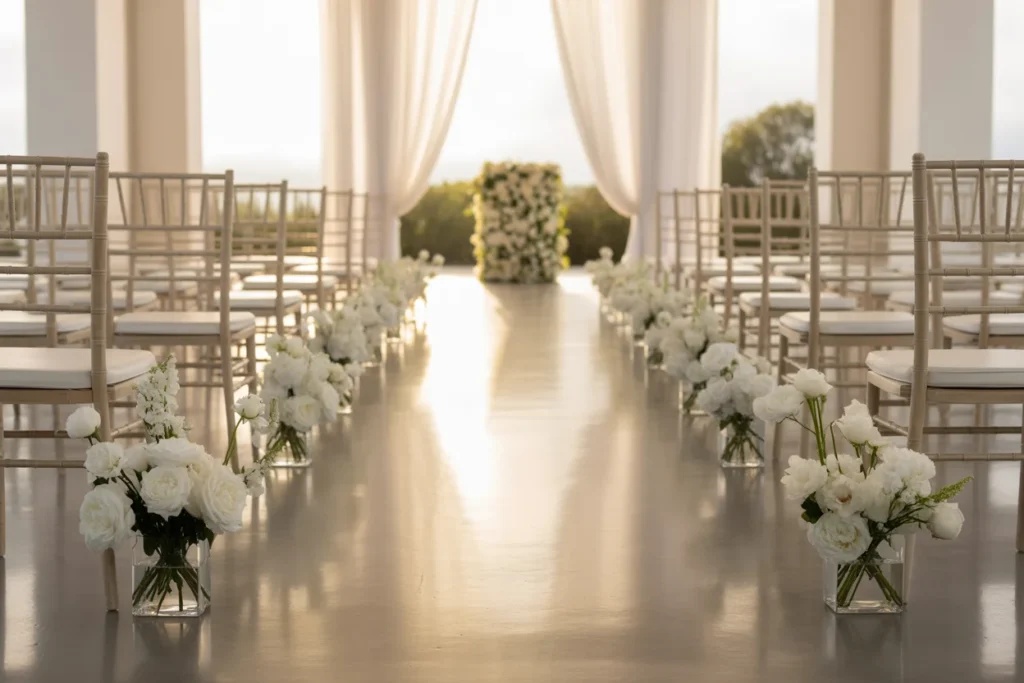 White Floral Minimal Wedding Aisle Setup