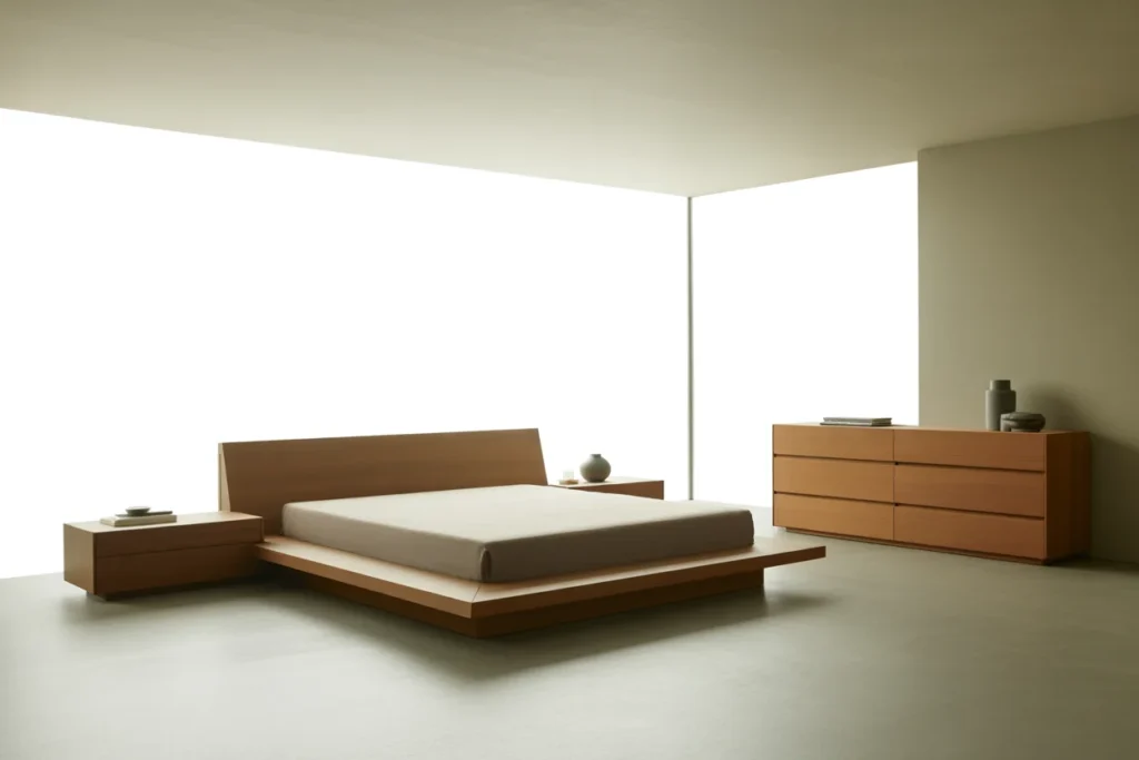 low profile bedroom furniture, spacious minimalist decor