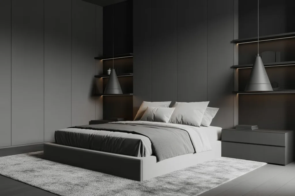 monochrome minimalist bedroom, sleek modern decor