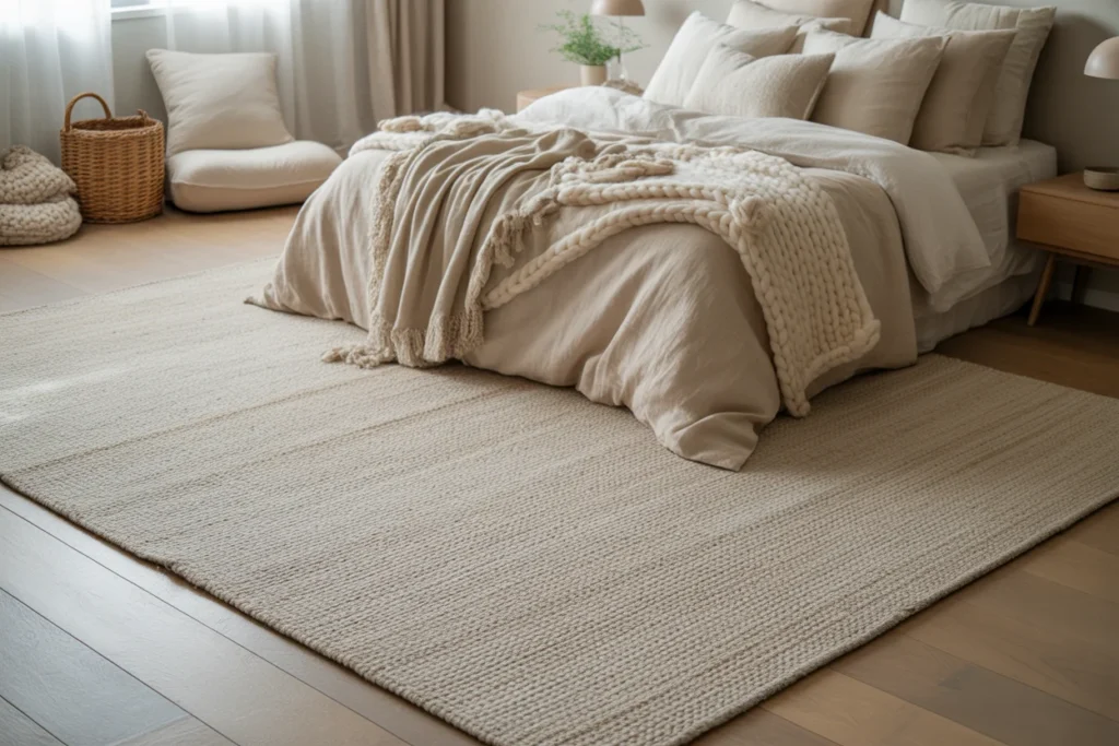 neutral rug minimalist bedroom, cozy modern decor